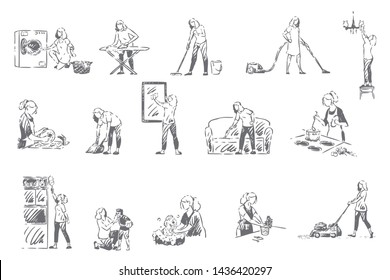 Housekeeping, household chores concept sketch. Young woman doing housework, mopping floor, vacuum cleaning, washing dishes, cooking food, housewife, housekeeper work set. Isolated vector illustration