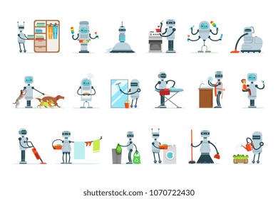 Housekeeping Household Robot Doing Home Cleanup And Other Duties Set Of Futuristic Illustration With Servant Android