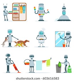 Housekeeping Household Robot Doing Home Cleanup And Other Duties Set Of Futuristic Illustration With Servant Android