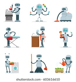 Housekeeping Household Robot Doing Home Cleanup And Other Duties Series Of Futuristic Illustration With Servant Android