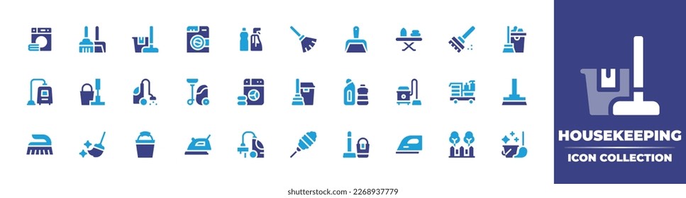 Colección de iconos de la casa. Color de duotona. Ilustración vectorial. Contienen lavadora, sartén de polvo, mopa, productos de limpieza, vaina, mobiliario y hogar, escoba de barrido, limpieza.