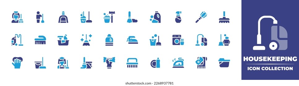 Housekeeping icon collection. Duotone color. Vector illustration. Containing housekeeping, cleaner, dustpan, clean, bucket, cleaning mop, detergent, spray, feather duster, broom, vacuum cleaner.