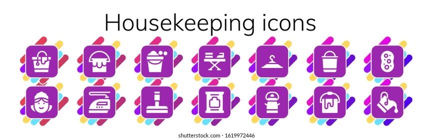 housekeeping icon set. 14 filled housekeeping icons. Included Bucket, Maid, Iron, Glass cleaner, Wipes, Clothing hanger, Sponge icons