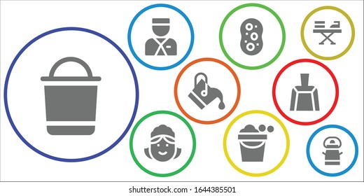 conjunto de iconos de limpieza. 9 iconos de limpieza rellenos.  Iconos modernos sencillos, como: Cubo, Bellboy, Esponja, Maid, Dustpan, Hierro