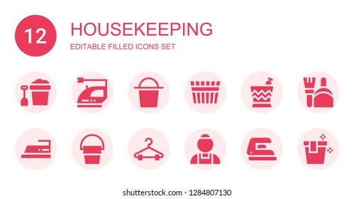 housekeeping icon set. Collection of 12 filled housekeeping icons included Bucket, Iron, Hanger, Maid, Dustpan