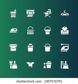 housekeeping icon set. Collection of 16 filled housekeeping icons included Dustpan, Bucket, Clothes hanger, Iron, Wipes, Ironing, Hanger