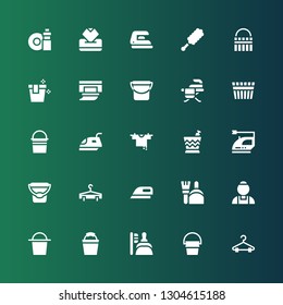 housekeeping icon set. Collection of 25 filled housekeeping icons included Hanger, Bucket, Dustpan, Maid, Ironing, Iron, Clothes hanger, Wipes, Duster, Washing dishes