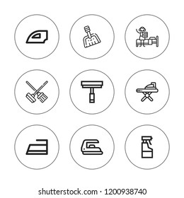 Housekeeping icon set. collection of 9 outline housekeeping icons with cleaning, dustpan, maid, iron, ironing icons. editable icons.