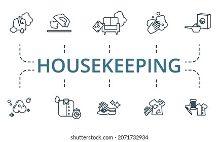 Housekeeping icon set. Collection of simple elements such as the washing powder, ironing, clothing repair, ozonation, hand wash, shoe cleaning.