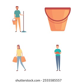 Housekeeping icons set cartoon vector. Man and woman doing household chore. Housework concept