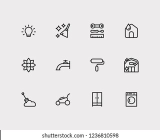 Housekeeping icons set. Clean house and housekeeping icons with snow removal, painting and washing machine. Set of plumbing for web app logo UI design.