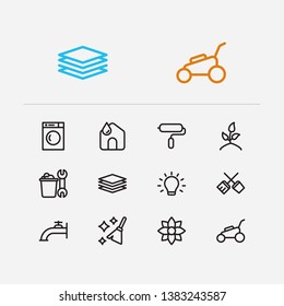 Housekeeping icons set. Clean house and housekeeping icons with housekeeping tool, cleaning and water crane. Set of plumbing for web app logo UI design.