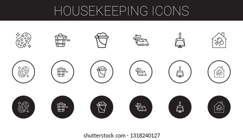 housekeeping icons set. Collection of housekeeping with sponge, bucket, iron, dustpan. Editable and scalable housekeeping icons.