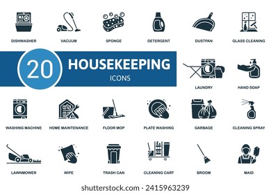 Housekeeping icons set. Creative icons: dishwasher, vacuum, sponge, detergent, dustpan, glass cleaning, laundry, hand soap and more