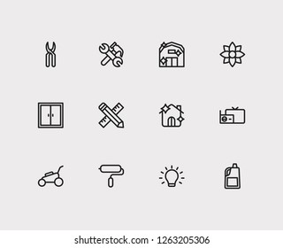 Housekeeping icons set. Lighting and housekeeping icons with house planning, cleaning water and equipment. Set of bottle for web app logo UI design.