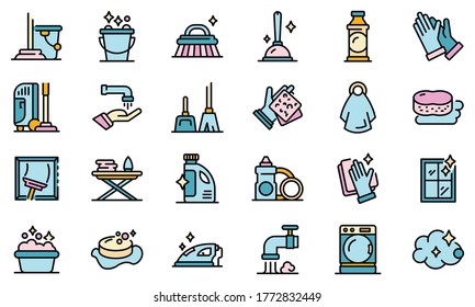 Iconos de la casa. Conjunto de esquemas de iconos vectoriales del mantenimiento del hogar color de línea delgada plano sobre blanco