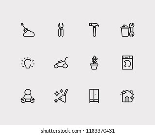Housekeeping icons set. Housekeeping tool and housekeeping icons with lighting, repairing man and home. Set of metal for web app logo UI design.