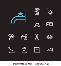 Housekeeping icons set. Housekeeping tool and housekeeping icons with sweep, water crane and worker. Set of pipe for web app logo UI design.