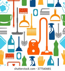 Housekeeping lifestyle seamless pattern with cleaning icons. Background for backdrop to site, textile printing and wrapping paper.