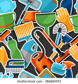 Housekeeping lifestyle seamless pattern with cleaning sticker icons. Background for backdrop to site, textile printing and wrapping paper.