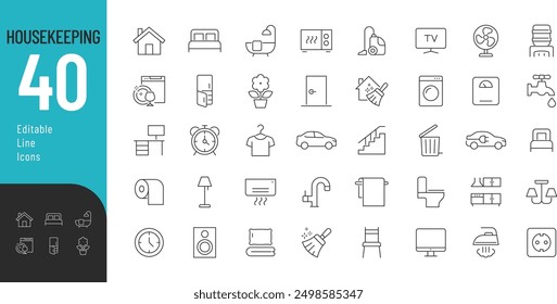 Housekeeping Line Editable Icons set. Vector illustration in modern thin line style of house management related icons: household appliances, furniture, plumbing, and more. Pictograms and infographics