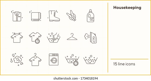 Juego de iconos de la línea de limpieza. Cuenca, lavado de manos, ropa. Concepto de lavandería. Se puede usar para temas como trabajo doméstico, doméstico, rutinario