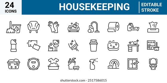 Housekeeping line web icons. Dusting, cleaning, vacuuming, washing, changing, organizing. Vector illustration. Editable stroke.