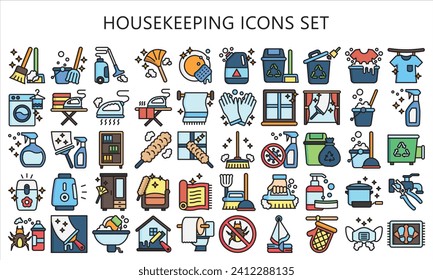 Housekeeping lineal multi color icons set. contain bin, broom, plunger, gloves and more. best for UI or UX, web and app development. vector EPS 10.