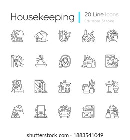 Housekeeping linear icons set. Keeping home clean and neat. Different housework, domestic chores customizable thin line contour symbols. Isolated vector outline illustrations. Editable stroke