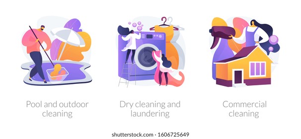 Housekeeping and maid service. Household, housework chores. Pool and outdoor cleaning, dry cleaning and laundering, commercial cleaning metaphors. Vector isolated concept metaphor illustrations.