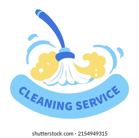 Housekeeping and maintenance of dwelling cleanliness and tidiness. Cleaning service wiping and sweeping dust. Professional help and assistance. Emblem or label, badge or logotype. Vector in flat style
