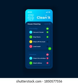 Housekeeping managing smartphone interface vector template. Mobile app page dark blue design layout. Clean chores screen. Flat UI for application. Nightmode theme Phone display