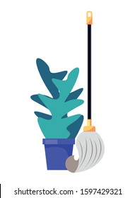 housekeeping mop accessory with houseplant vector illustration design