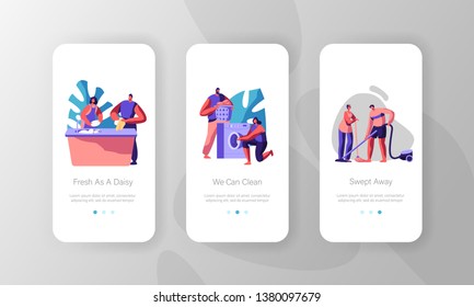 Housekeeping People Clean Home. Put Clothes to Washing Machine, Wiping Floor and Cleaning Dishes. Mobile App Page Onboard Screen Set Concept for Website or Web Page Cartoon Flat Vector Illustration