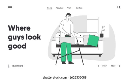 Housekeeping Process Website Landing Page. Everyday Routine of Domestic Duties and Chores, Houseworking Man Ironing Clothing in Living Room Web Page Banner. Cartoon Flat Vector Illustration, Line Art