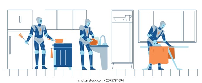 Housekeeping robot assistant doing various works on kitchen and with laundry, flat vector illustration isolated on white background. Robot helper or housekeeper.