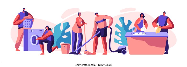 Housekeeping and Routine. Scrubwoman and Man Cleaning Dirty Clothes, Floor. Chores Domestic, Working with Electronic Machine. Technology Cleanliness. Flat Cartoon Vector Illustration