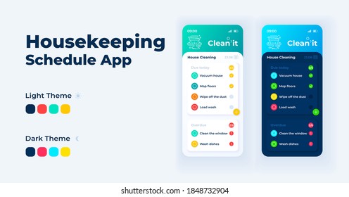 Housekeeping schedule smartphone interface vector template set. Mobile app page dark and light theme design layout. Daily list chores screen. Flat UI for application. Planner Phone display