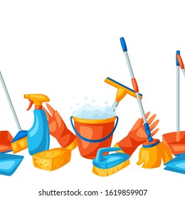 Housekeeping seamless pattern with cleaning items. Background for service, design and advertising.