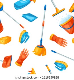 Housekeeping seamless pattern with cleaning items. Background for service, design and advertising.
