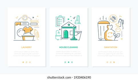 Housekeeping services - line design style web banners with copy space for text. Household chores idea. Laundry, house cleaning, sanitation works illustrations. Washing machine, vacuum cleaner, bin