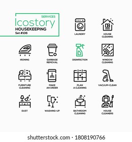 Housekeeping services - vector line design style icons set. Household chores idea. Laundry, house, window and furniture cleaning, ironing, garbage removal, disinfection, vacuum-clean and disinfection