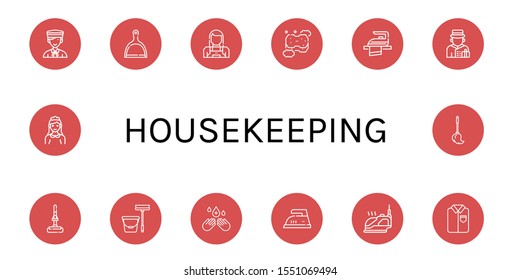housekeeping simple icons set. Contains such icons as Bellboy, Dustpan, Maid, Sponge, Iron, Mop, Hand sanitizer, Ironed, can be used for web, mobile and logo