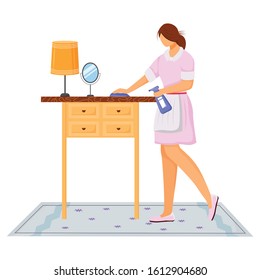 Housekeeping Staff In Uniform Flat Color Vector Illustration. Room Service, Cleaning Supplies. Guest Room Attendant. Hotel Housekeeper Cleans Room Isolated Cartoon Character On White Background