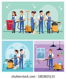housekeeping team workers with equipment tools scenes vector illustration design