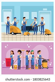 housekeeping team workers with equipment tools indoor scenes vector illustration design