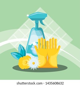 housekeeping tools with bottle plastic product and glove
