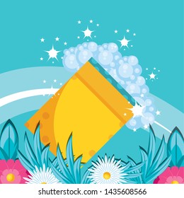 housekeeping tools with foam and flowers
