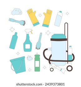 Housekeeping tools set isolated on white background. Cleaning home items and equipment collection. Vacuum, gloves and brushes with bucket bottles for cleanup room. Vector flat illustration.