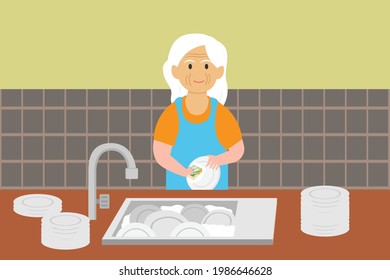 Housekeeping vector concept: Senior woman washing plates in the sink